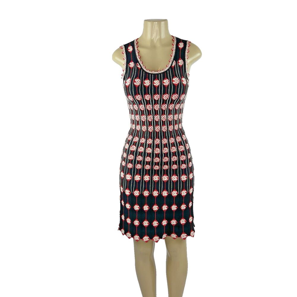 ALAIA Paris Mini Dress Size S 36 Black Red Floral Stretch Knit Scallop Luxury